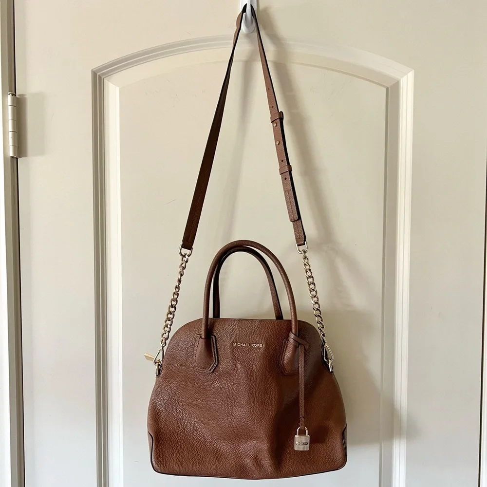 Michael Kors Mercer Medium Dome Satchel Bag Brown Leather with Shopping Bag